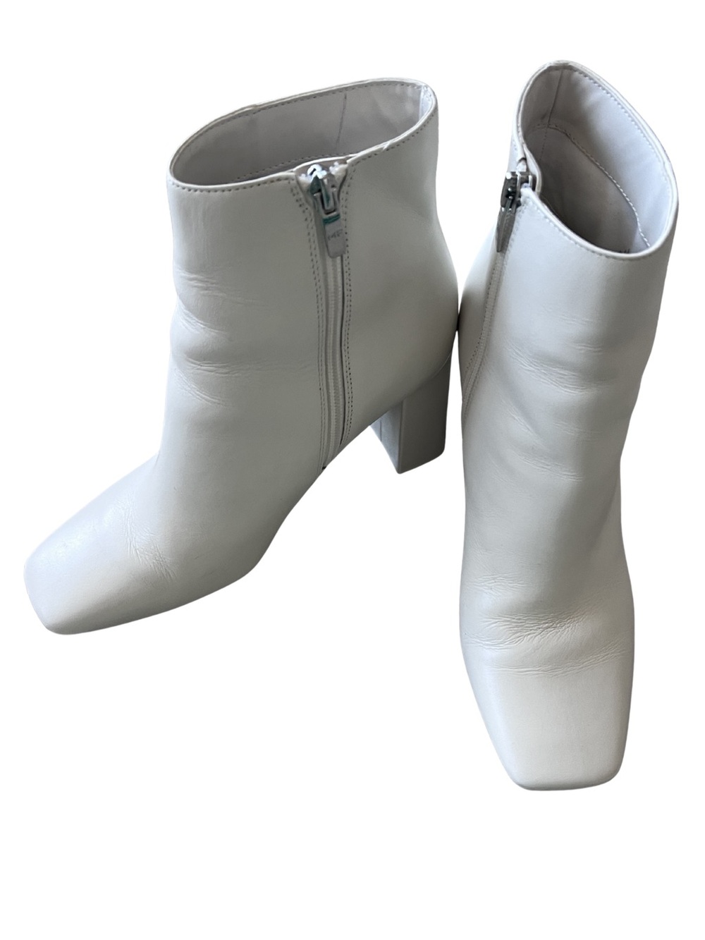 Marc Fisher White Leather Square-Toe Ankle Boots with Block Heel